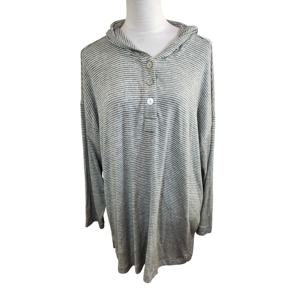 J. Jill Womens Gray White Striped Henley Hoodie Tunic Top XL Soft Coastal Beach